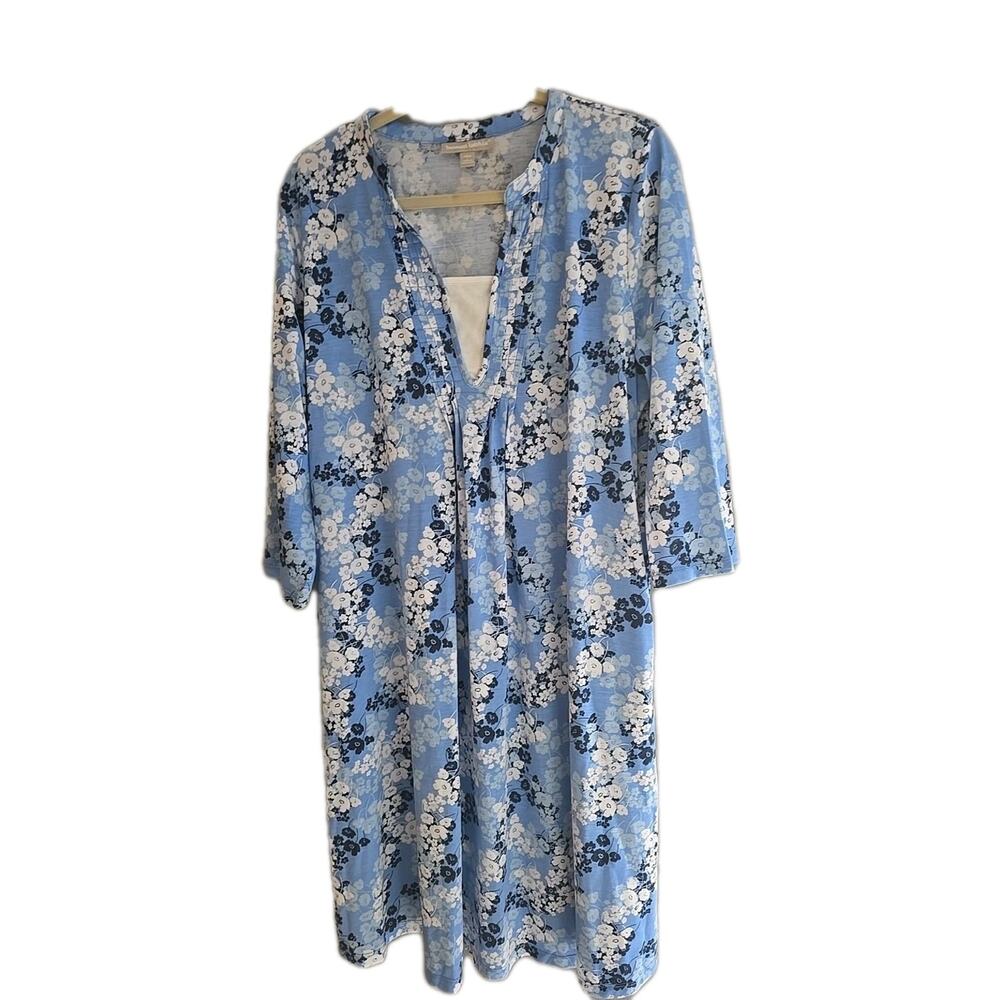 Woman Within Blue Floral Split Neck Long Sleeve‎ Midi Dress Womans Size Large